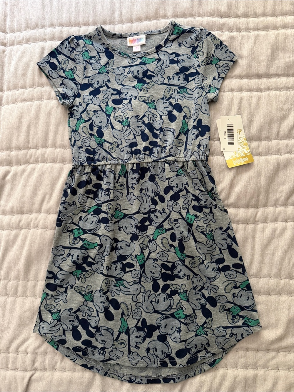 Disney Girls' Gray Dress with Navy and Teal Mickey Print